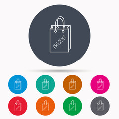 Present shopping bag icon. Gift handbag sign.