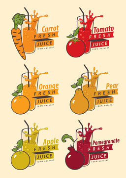 set of drawings fruits and glass with the names of for fresh juice