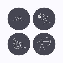 Swimming, tennis and gymnastics icons.