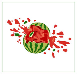 Broken watermelon on white background. Isolated tropical fruit illustration. Green and red ripe watermelon. Vector. Cracked watermelon. Watermelon splash.