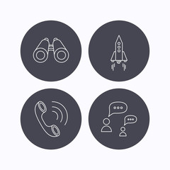 Phone call, chat speech bubble and binoculars icons.