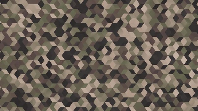Perfect looping background animation of high tech camouflaged cube pattern. Woodland pattern colors.