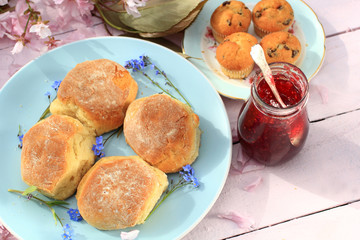 Romantic fresh breakfast with scottish scones in the garden