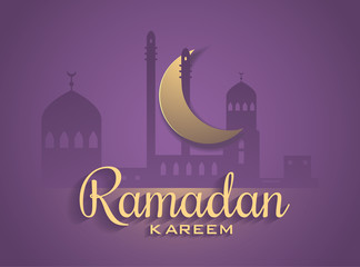 Vector Moon and Mosque Lightning in Dark purple Background with Ramadan Kareem Greetings. Silhouette  Illustration