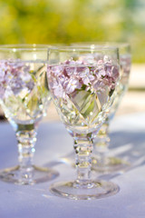 Lilac flowers in crystal wine glasses, close up