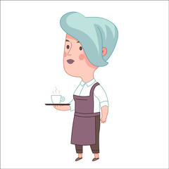 Waitress, cartoon vector illustration, a blue haired woman wearing an apron  holding a tray with a cup of coffee or tea on it, a part of Dodo people collection