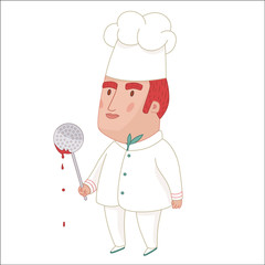 Cook, cartoon vector illustration, a middle aged red haired man wearing a chief hat, holding perforated spoon with some red sauce on it, a part of Dodo people collection