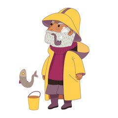 Fisherman, flat cartoon vector illustration, an elderly grey-haired man wearing vintage fisherman hat, raincoat, sweater and boots, with a bucket and a fish, a part of Dodo people collection
