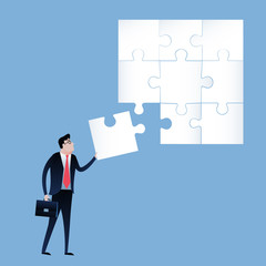 Businessman with final jigsaw piece. Business concept illustration vector clip art design
