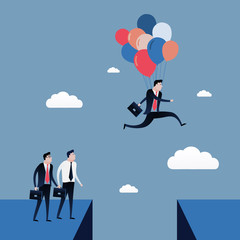 Businessman jumping to the blue sky with balloons. Business concept illustration vector clip art design