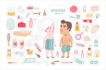 After shower, flat cartoon vector illustrated sticker set with cut edges, a man and a red hired woman wrapped into the towels, standing surrounded by hygiene elements, a part of Dodo people collection