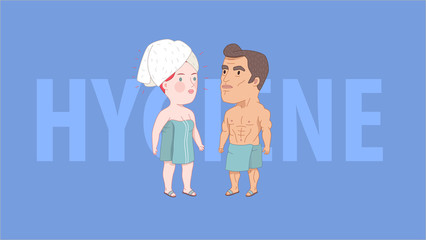 Hygiene, After shower, flat cartoon vector illustration, man and woman wrapped into the towels standing next to each other, with title Hygiene on the blue background. A part of Dodo people collection