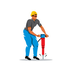 Vector Man with Jackhammer Cartoon Illustration.