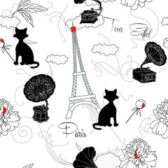 Seamless pattern with  Paris and music