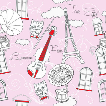 Seamless pattern with  Paris and gramophones
