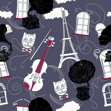 Seamless pattern with  Paris and gramophones