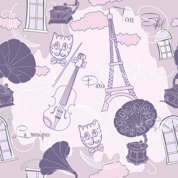 Seamless pattern with  Paris and gramophones