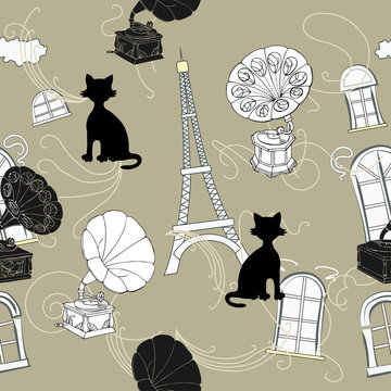 Seamless pattern with  Paris and gramophones