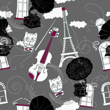 Seamless pattern with  Paris and gramophones
