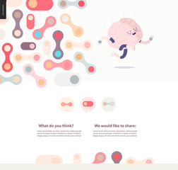 Running brain template design web mockup vector banner - rounded pastel colored shapes isolated on cream background accompanied with a title and text block template, and running brain