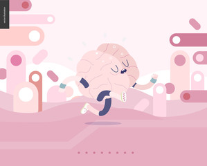 Running brain on pink landscape illustrated vector banner - rounded colorful shapes abstract scenery on pink background and a brain wearing a training suit running outside
