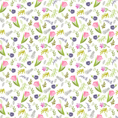 Elegant seamless pattern with tulips and wild flowers.