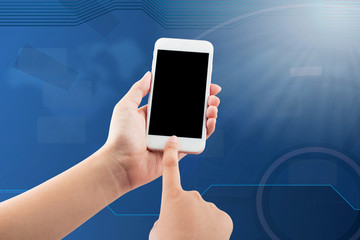 Female Hand holding blank screen mobile phone with business grap