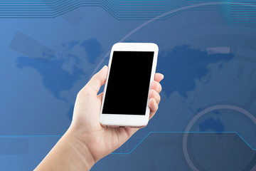 Female Hand holding blank screen mobile phone with business grap