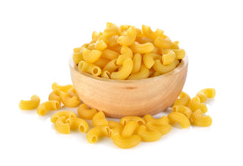 Gomiti elbows pasta in wooden bowl and on white background