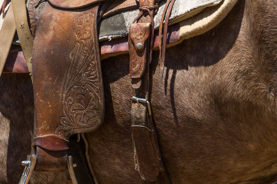 Detail of leather horse rsaddle and riding equipment