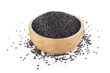 black sesame in wooden bowl on white background