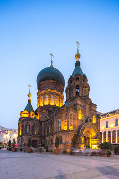 sait sophia cathedral in blue sky at twilight