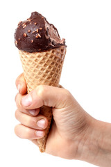 child' hand holding bitten off ice cream isolated on white