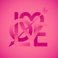 Word Love with arrow on pink background. Vector lettering