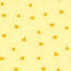 Background simple flowers. Yellow background cartoon flowers. Background flowers of iris and chamomile.