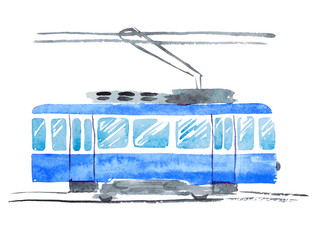 Bright Watercolor Illustration of Traditional Public Tram. Hand Drawn Image of Transport Isolated on White Background. - 113583063
