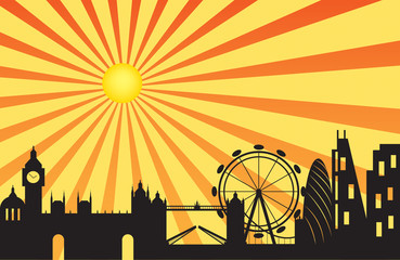 Obraz premium London city silhouette skyline behind sun ray
