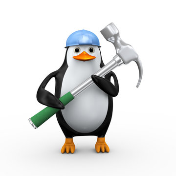 3d penguin holding large hammer