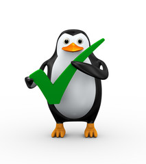 3d penguin holding check tick mark