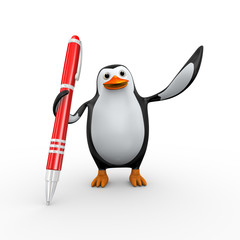 3d happy excited penguin with pen