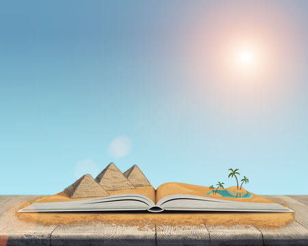 Sketch of the pyramids and oasis in the desert over open book.