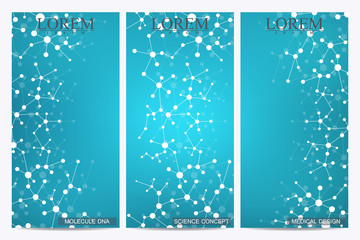 Naklejka na ściany i meble Set of modern vector flyers. Abstract background with molecule structure DNA and neurons. Medicine, science, technology banner, card,web, certificate.