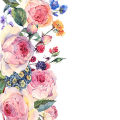 Panele Szklane  Akwarela bukiet angielskich róż i polnych kwiatów