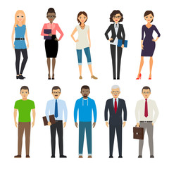 Business dressed and casual dressed people standing on white background. Vector illustration