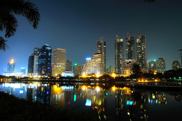 Fototapeta na wymiar mirror water with night city Bangkok Thailand