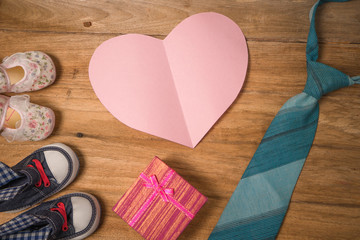 Daddy's boots ,baby's shoes ,Textile hearts ,gift  and  blue nec