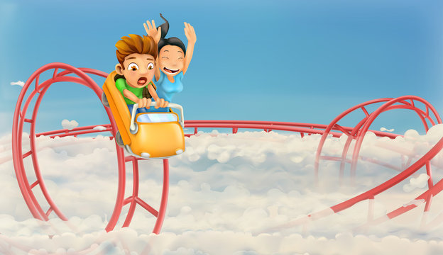 Roller coaster in the clouds, vector background
