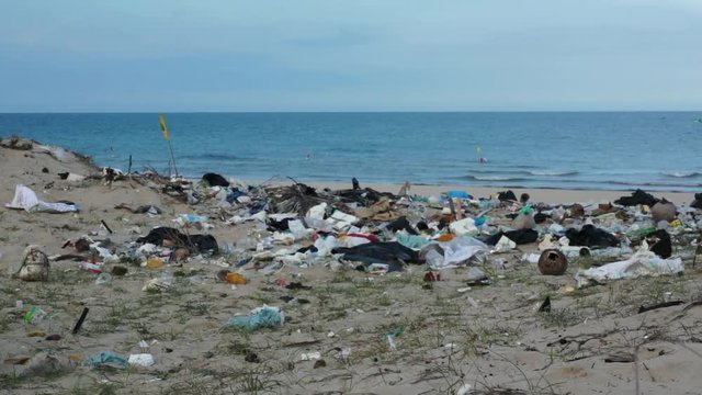 Pollution on the beach of tropical island. Contamination of beach.