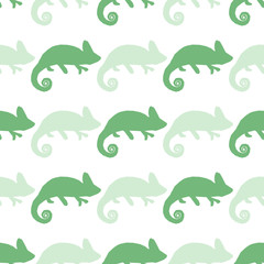 Seamless wallpaper with chameleon isolated on white. Green and blue masquerading lizard. Seamless pattern with han drawn chameleon
