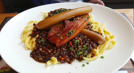 Kasspazle with pork belly and sausage